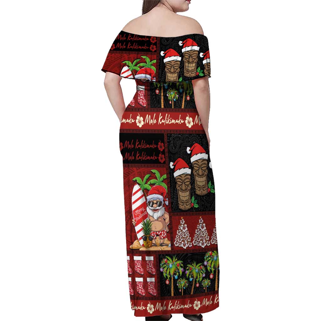 Hawaiian Christmas Family Matching Off Shoulder Maxi Dress and Hawaiian Shirt - Mele Kalikimaka Island Holiday Vibes - Black Red LT03 - Polynesian Pride