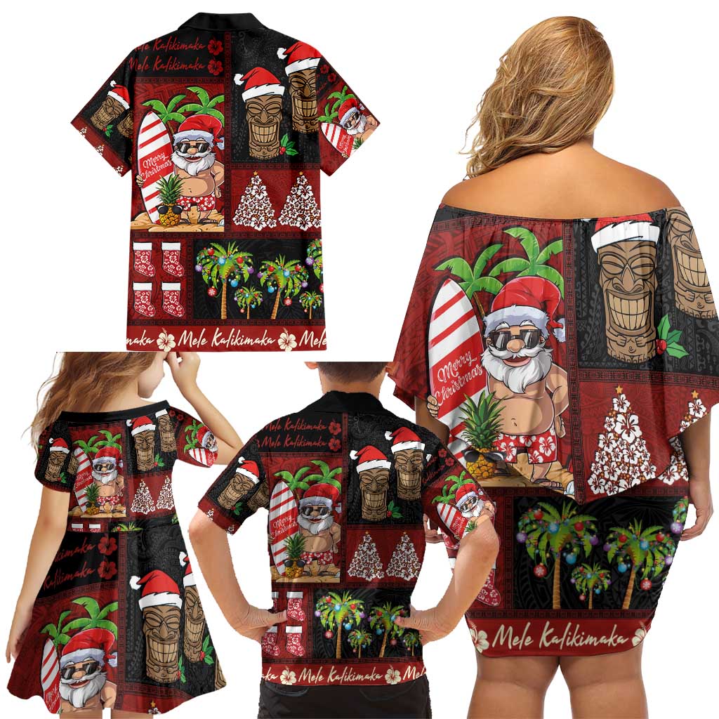 Hawaiian Christmas Family Matching Off Shoulder Short Dress and Hawaiian Shirt - Mele Kalikimaka Island Holiday Vibes - Black Red LT03 - Polynesian Pride