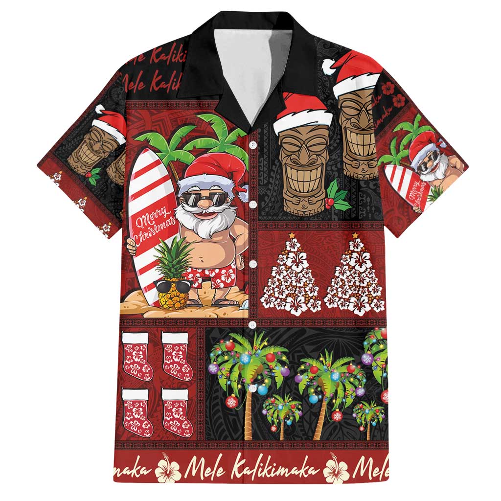 Hawaiian Christmas Family Matching Off Shoulder Short Dress and Hawaiian Shirt - Mele Kalikimaka Island Holiday Vibes - Black Red LT03 Dad's Shirt - Short Sleeve Black - Red - Polynesian Pride