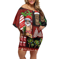 Hawaiian Christmas Family Matching Off Shoulder Short Dress and Hawaiian Shirt - Mele Kalikimaka Island Holiday Vibes - Black Red LT03 Mom's Dress Black - Red - Polynesian Pride