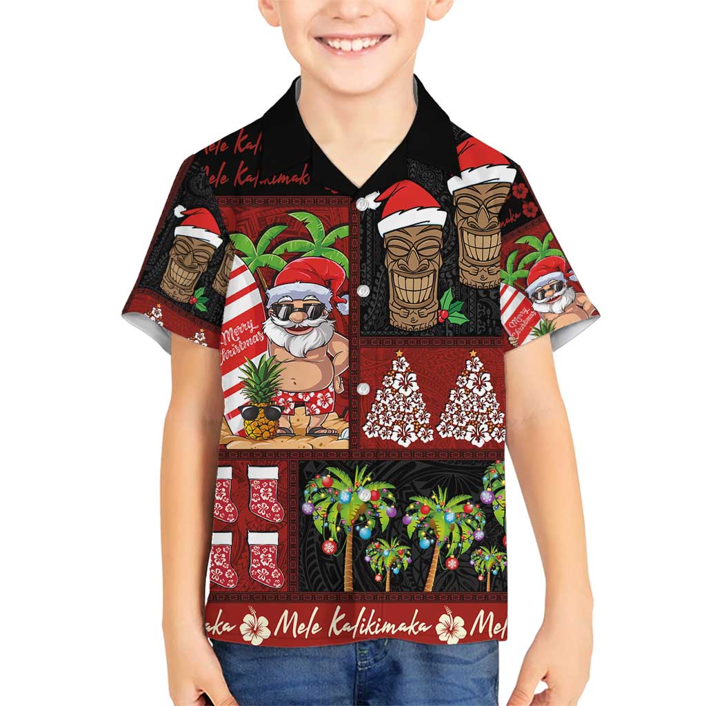 Hawaiian Christmas Family Matching Off Shoulder Short Dress and Hawaiian Shirt - Mele Kalikimaka Island Holiday Vibes - Black Red LT03 Son's Shirt Black - Red - Polynesian Pride
