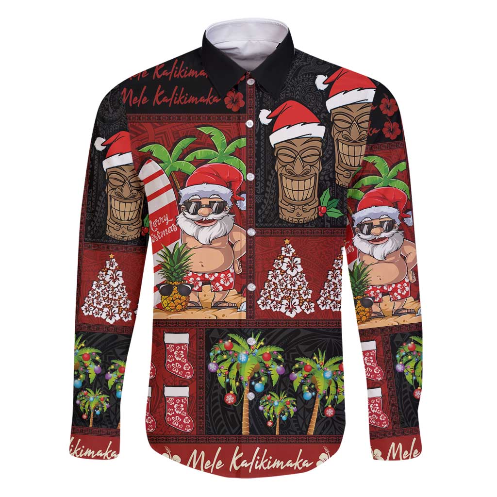 Hawaiian Christmas Family Matching Puletasi and Hawaiian Shirt - Mele Kalikimaka Island Holiday Vibes - Black Red LT03 Dad's Shirt - Long Sleeve Black - Red - Polynesian Pride