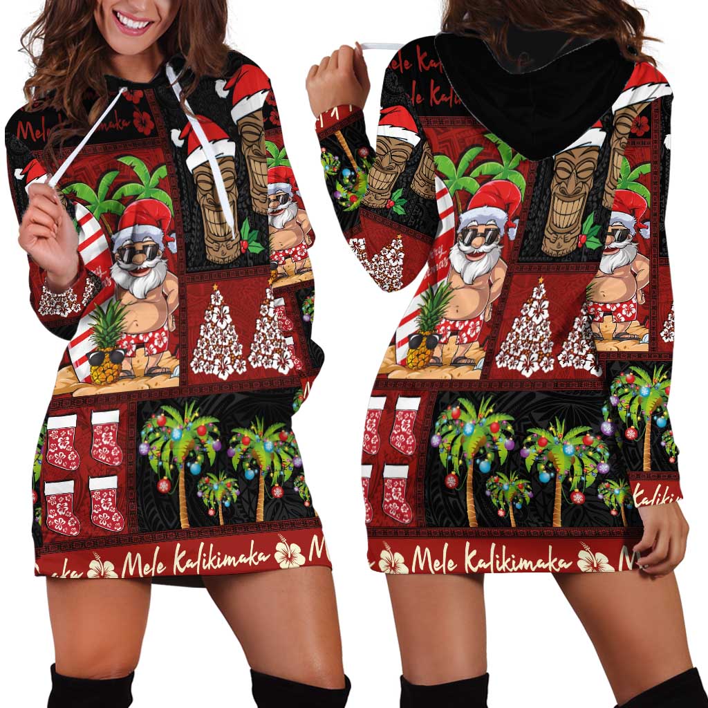 Hawaiian Christmas Hoodie Dress - Mele Kalikimaka Island Holiday Vibes - Black Red LT03 - Polynesian Pride