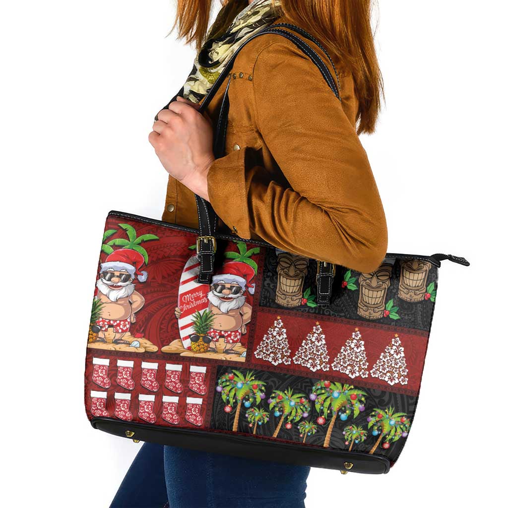 Hawaiian Christmas Leather Tote Bag - Mele Kalikimaka Island Holiday Vibes - Black Red LT03 Black - Red - Polynesian Pride