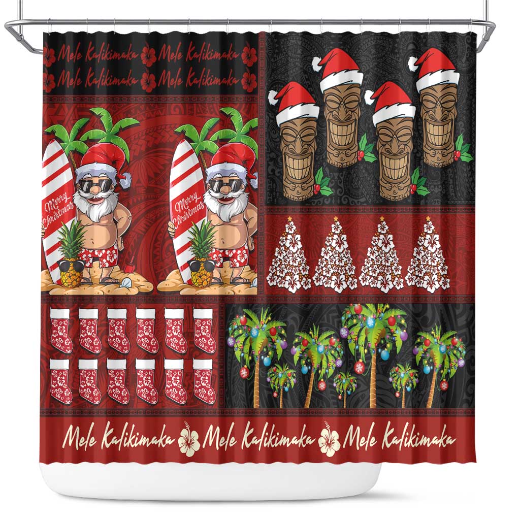 Hawaiian Christmas Shower Curtain - Mele Kalikimaka Island Holiday Vibes - Black Red LT03 Black - Red - Polynesian Pride