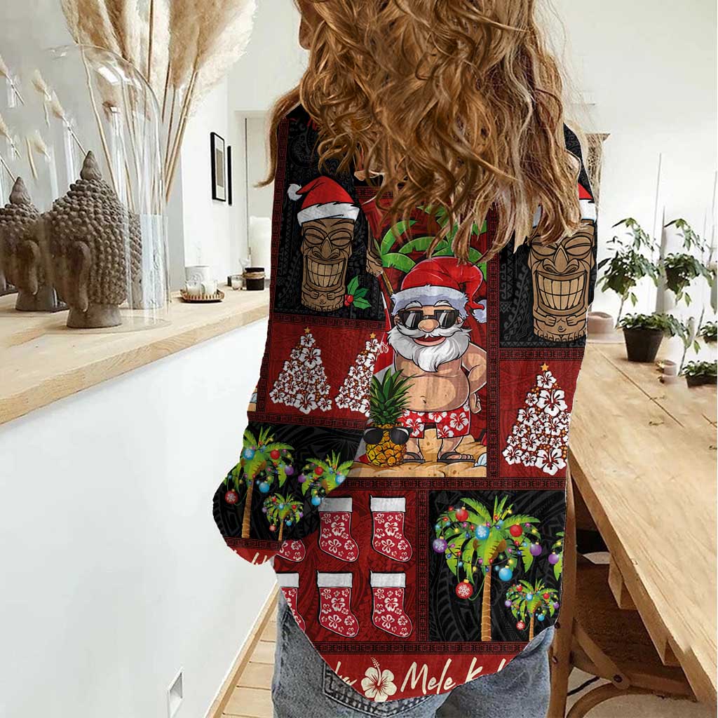 Hawaiian Christmas Women Casual Shirt - Mele Kalikimaka Island Holiday Vibes - Black Red LT03 - Polynesian Pride