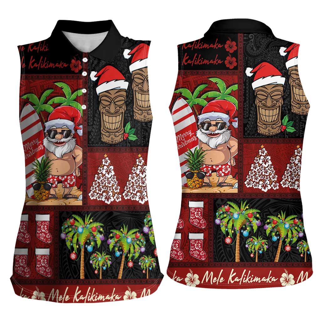 Hawaiian Christmas Women Sleeveless Polo Shirt - Mele Kalikimaka Island Holiday Vibes - Black Red LT03 - Polynesian Pride
