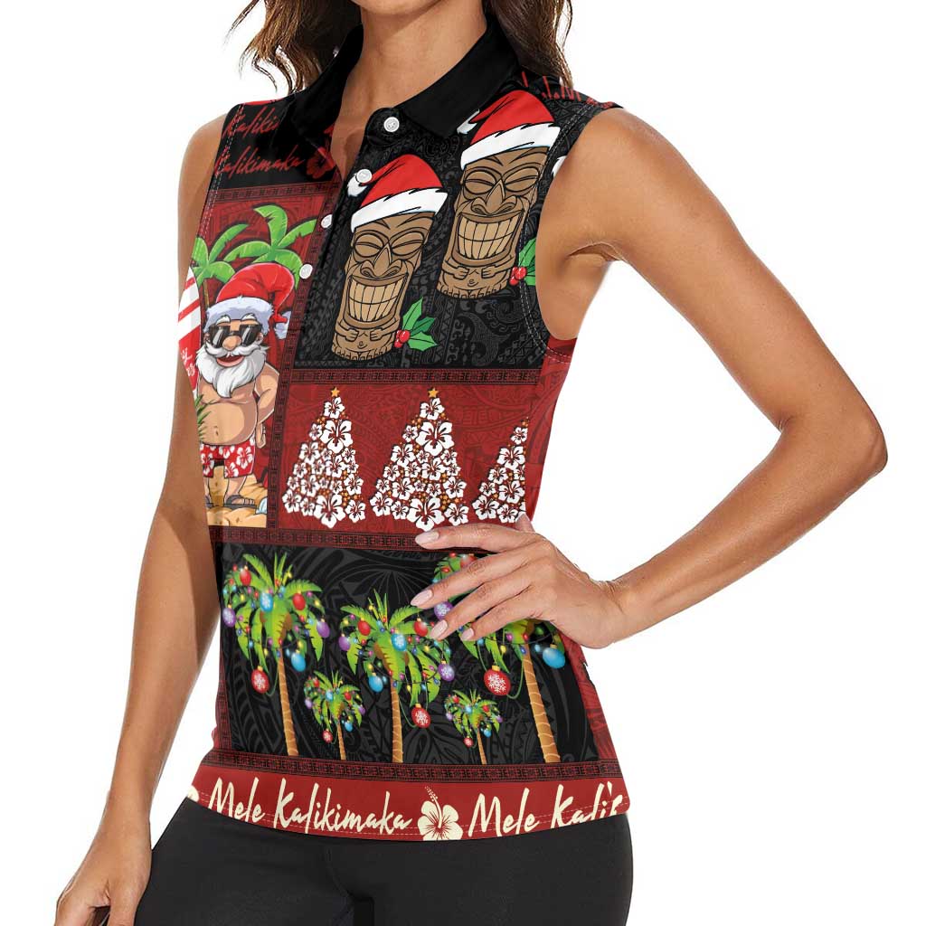 Hawaiian Christmas Women Sleeveless Polo Shirt - Mele Kalikimaka Island Holiday Vibes - Black Red LT03 - Polynesian Pride