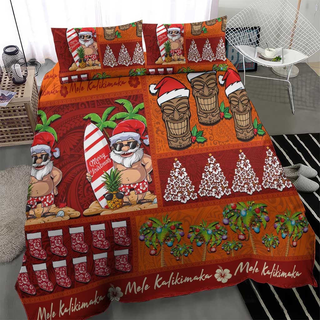 Hawaiian Christmas Bedding Set - Mele Kalikimaka Island Holiday Vibes - Red Orange