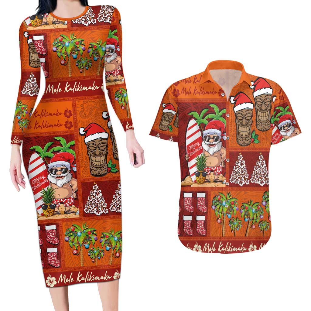 Hawaiian Christmas Couples Matching Long Sleeve Bodycon Dress and Hawaiian Shirt - Mele Kalikimaka Island Holiday Vibes - Red Orange LT03 Red - Orange - Polynesian Pride