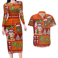 Hawaiian Christmas Couples Matching Long Sleeve Bodycon Dress and Hawaiian Shirt - Mele Kalikimaka Island Holiday Vibes - Red Orange LT03 Red - Orange - Polynesian Pride
