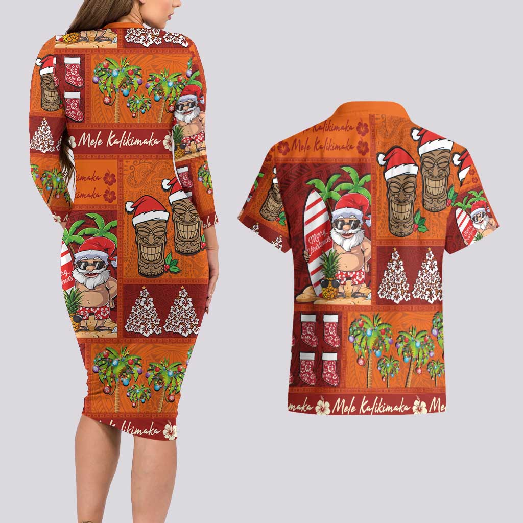 Hawaiian Christmas Couples Matching Long Sleeve Bodycon Dress and Hawaiian Shirt - Mele Kalikimaka Island Holiday Vibes - Red Orange LT03 - Polynesian Pride