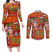 Hawaiian Christmas Couples Matching Long Sleeve Bodycon Dress and Long Sleeve Button Shirt - Mele Kalikimaka Island Holiday Vibes - Red Orange LT03 Red - Orange - Polynesian Pride