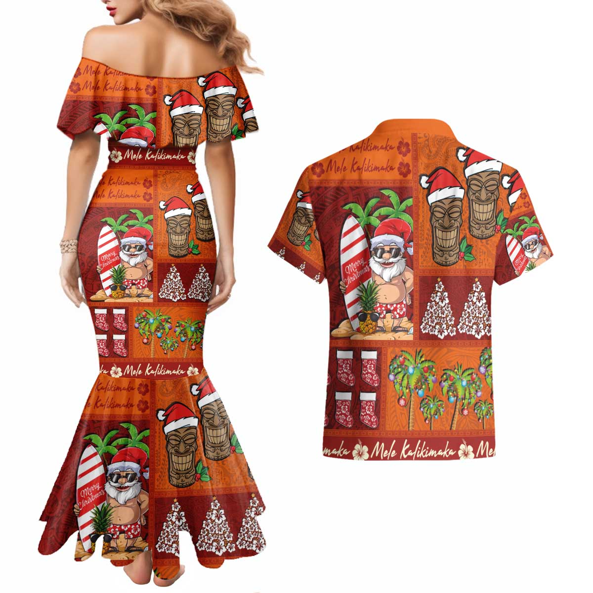 Hawaiian Christmas Couples Matching Mermaid Dress and Hawaiian Shirt - Mele Kalikimaka Island Holiday Vibes - Red Orange LT03 - Polynesian Pride