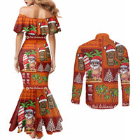 Hawaiian Christmas Couples Matching Mermaid Dress and Long Sleeve Button Shirt - Mele Kalikimaka Island Holiday Vibes - Red Orange LT03 - Polynesian Pride