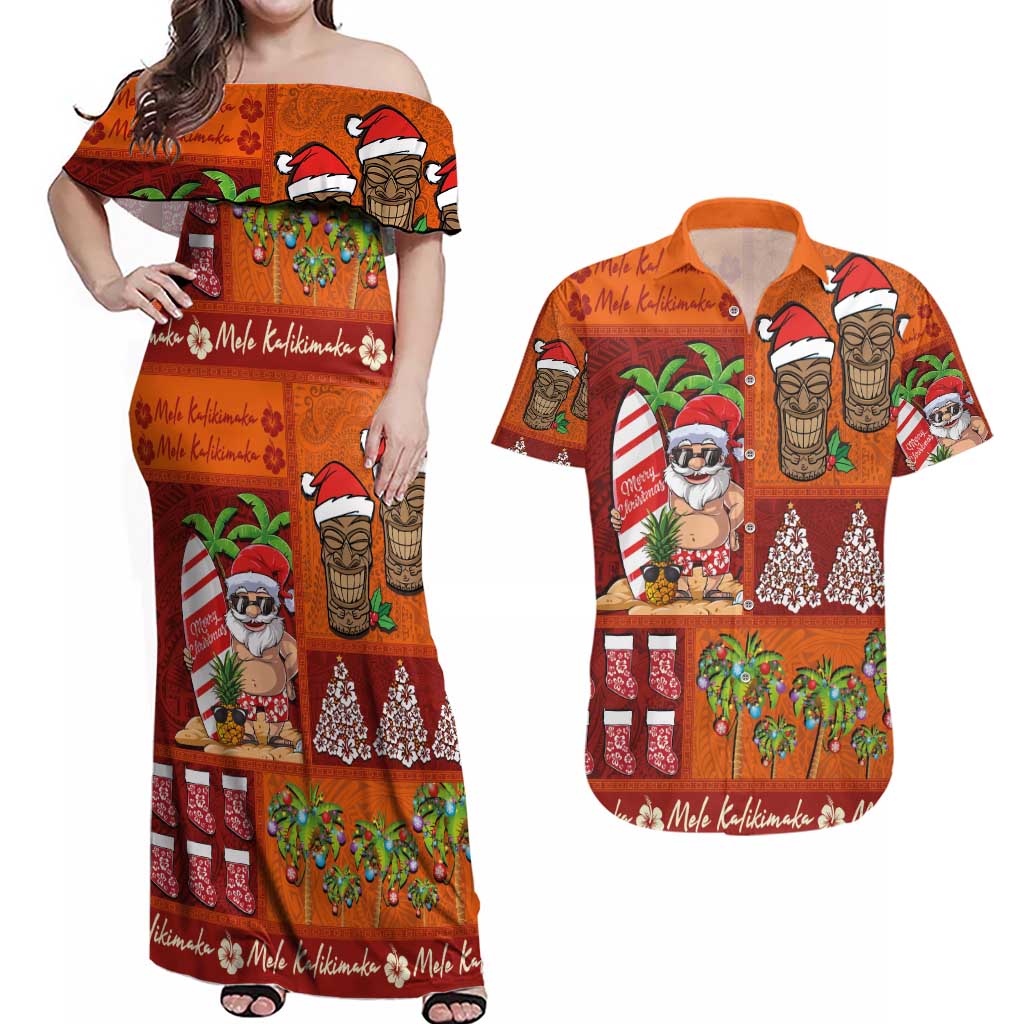 Hawaiian Christmas Couples Matching Off Shoulder Maxi Dress and Hawaiian Shirt - Mele Kalikimaka Island Holiday Vibes - Red Orange LT03 Red - Orange - Polynesian Pride