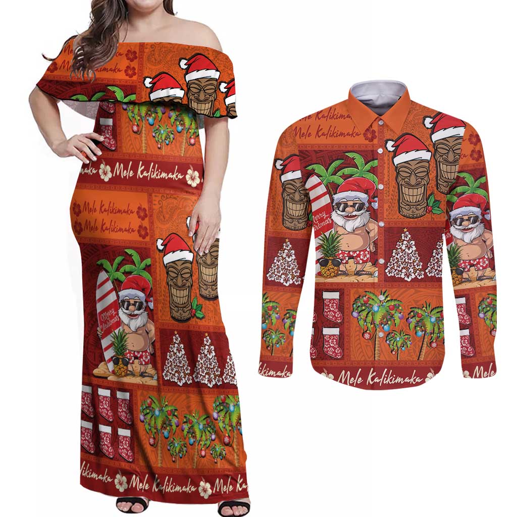 Hawaiian Christmas Couples Matching Off Shoulder Maxi Dress and Long Sleeve Button Shirt - Mele Kalikimaka Island Holiday Vibes - Red Orange LT03 Red - Orange - Polynesian Pride