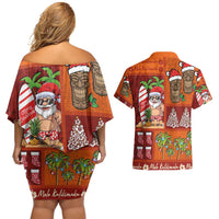 Hawaiian Christmas Couples Matching Off Shoulder Short Dress and Hawaiian Shirt - Mele Kalikimaka Island Holiday Vibes - Red Orange LT03 - Polynesian Pride