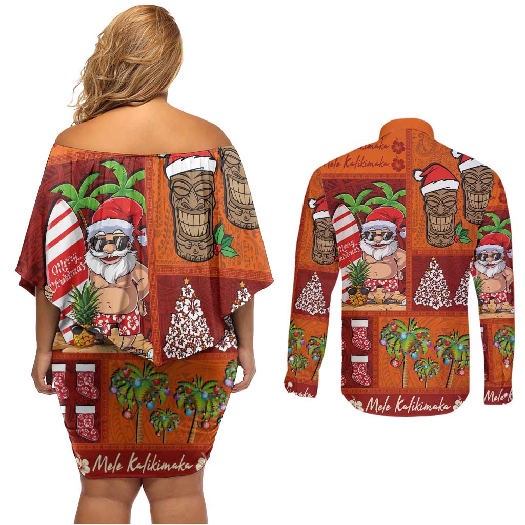 Hawaiian Christmas Couples Matching Off Shoulder Short Dress and Long Sleeve Button Shirt - Mele Kalikimaka Island Holiday Vibes - Red Orange LT03 - Polynesian Pride