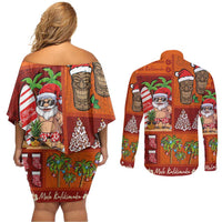 Hawaiian Christmas Couples Matching Off Shoulder Short Dress and Long Sleeve Button Shirt - Mele Kalikimaka Island Holiday Vibes - Red Orange LT03 - Polynesian Pride