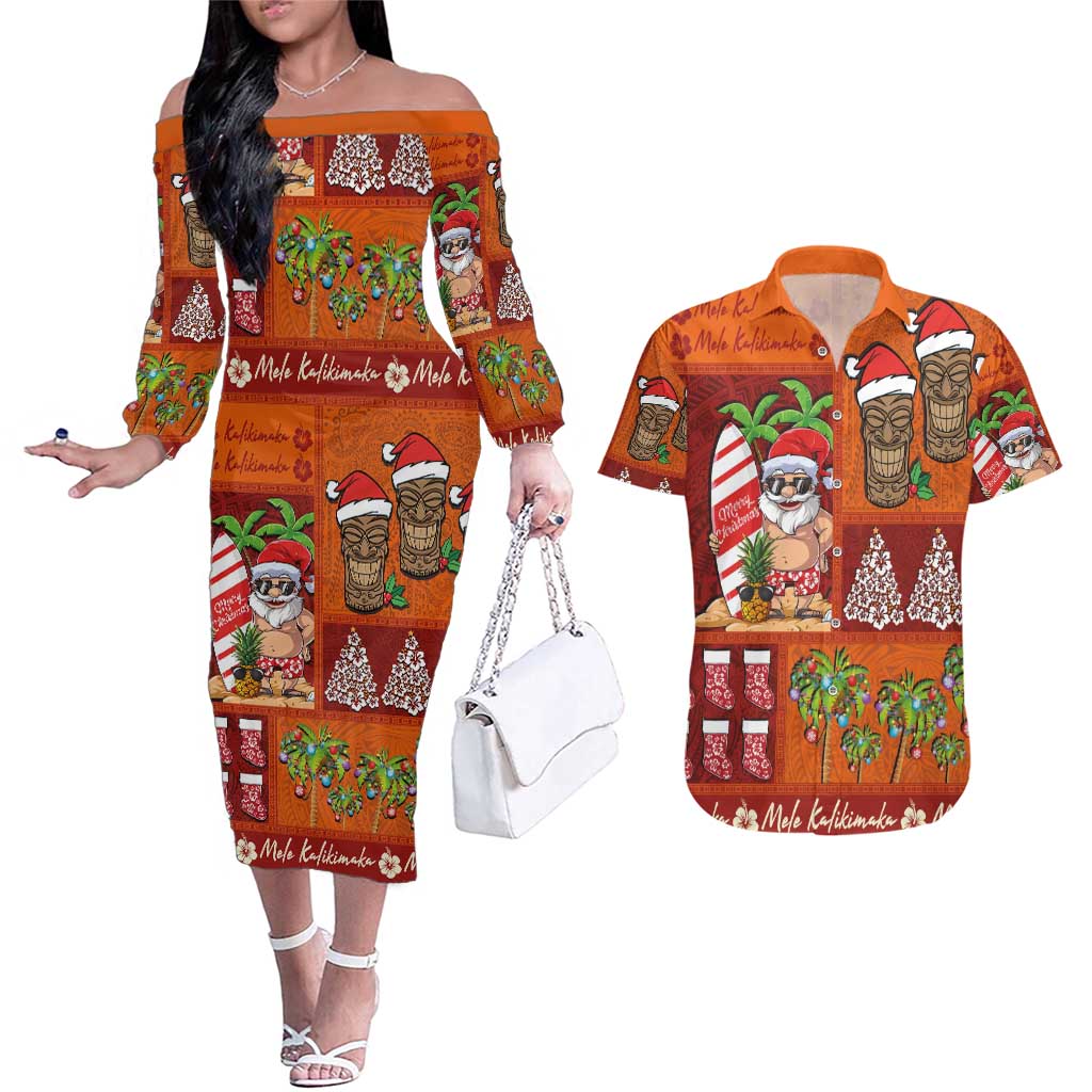 Hawaiian Christmas Couples Matching Off The Shoulder Long Sleeve Dress and Hawaiian Shirt - Mele Kalikimaka Island Holiday Vibes - Red Orange LT03 Red - Orange - Polynesian Pride