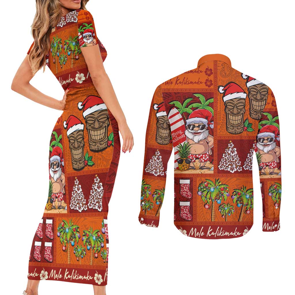 Hawaiian Christmas Couples Matching Short Sleeve Bodycon Dress and Long Sleeve Button Shirt - Mele Kalikimaka Island Holiday Vibes - Red Orange LT03 - Polynesian Pride