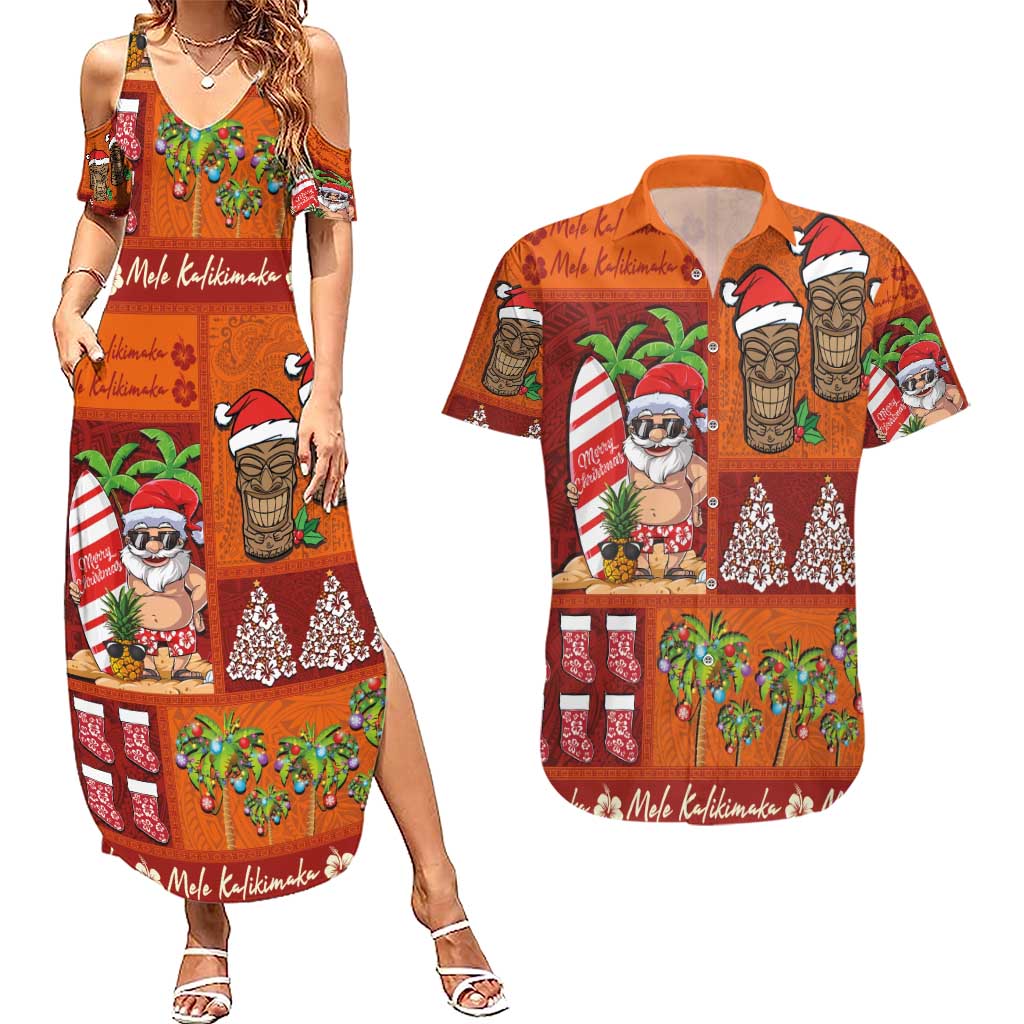 Hawaiian Christmas Couples Matching Summer Maxi Dress and Hawaiian Shirt - Mele Kalikimaka Island Holiday Vibes - Red Orange LT03 Red - Orange - Polynesian Pride