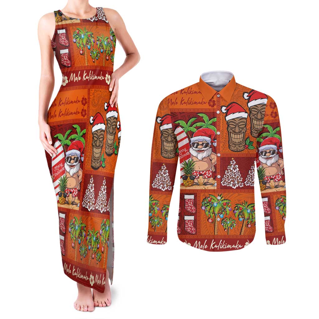 Hawaiian Christmas Couples Matching Tank Maxi Dress and Long Sleeve Button Shirt - Mele Kalikimaka Island Holiday Vibes - Red Orange LT03 Red - Orange - Polynesian Pride