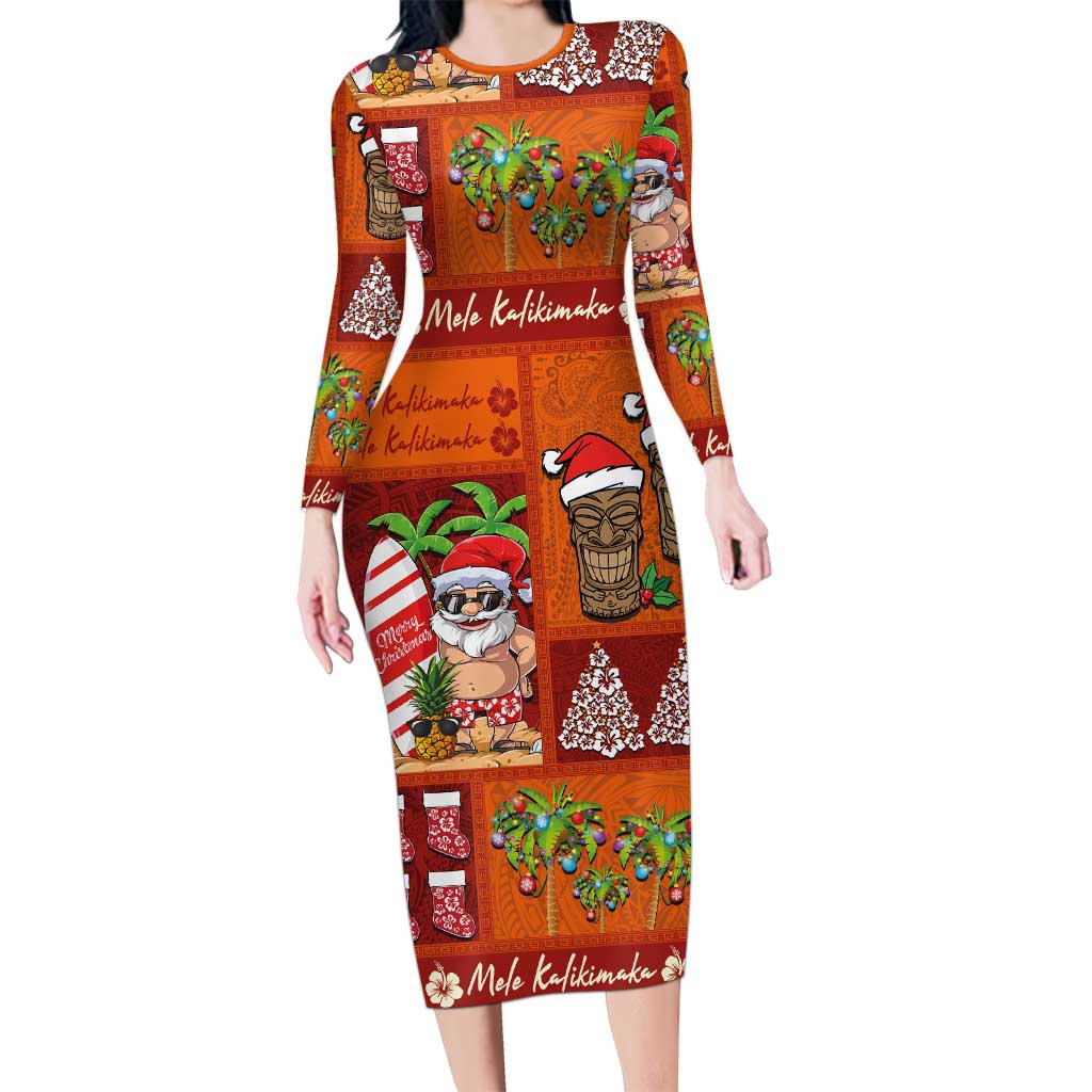 Hawaiian Christmas Family Matching Long Sleeve Bodycon Dress and Hawaiian Shirt - Mele Kalikimaka Island Holiday Vibes - Red Orange LT03 Mom's Dress Red - Orange - Polynesian Pride