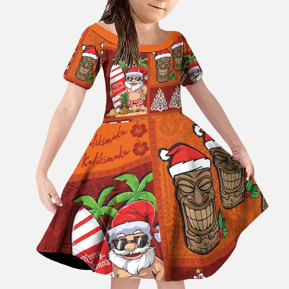 Hawaiian Christmas Family Matching Off The Shoulder Long Sleeve Dress and Hawaiian Shirt - Mele Kalikimaka Island Holiday Vibes - Red Orange LT03 Daughter's Dress Red - Orange - Polynesian Pride