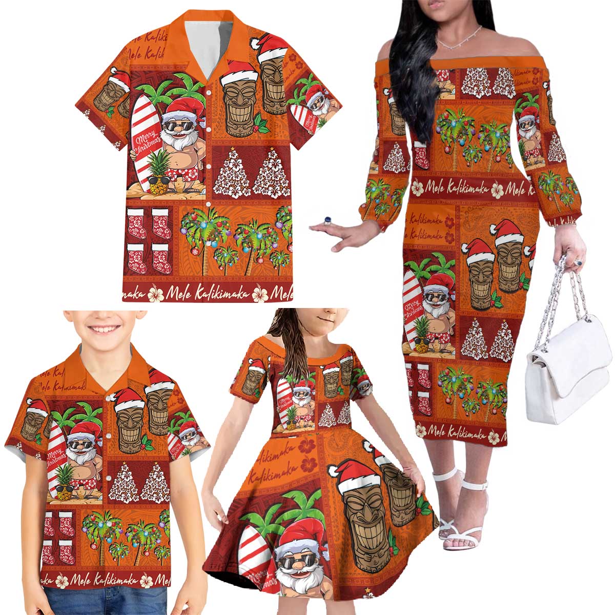 Hawaiian Christmas Family Matching Off The Shoulder Long Sleeve Dress and Hawaiian Shirt - Mele Kalikimaka Island Holiday Vibes - Red Orange LT03 - Polynesian Pride