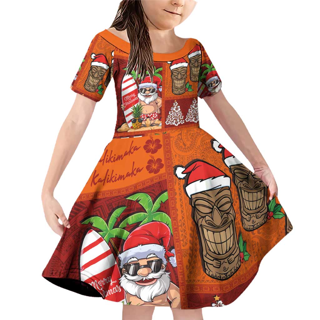 Hawaiian Christmas Family Matching Off Shoulder Short Dress and Hawaiian Shirt - Mele Kalikimaka Island Holiday Vibes - Red Orange LT03 Daughter's Dress Red - Orange - Polynesian Pride