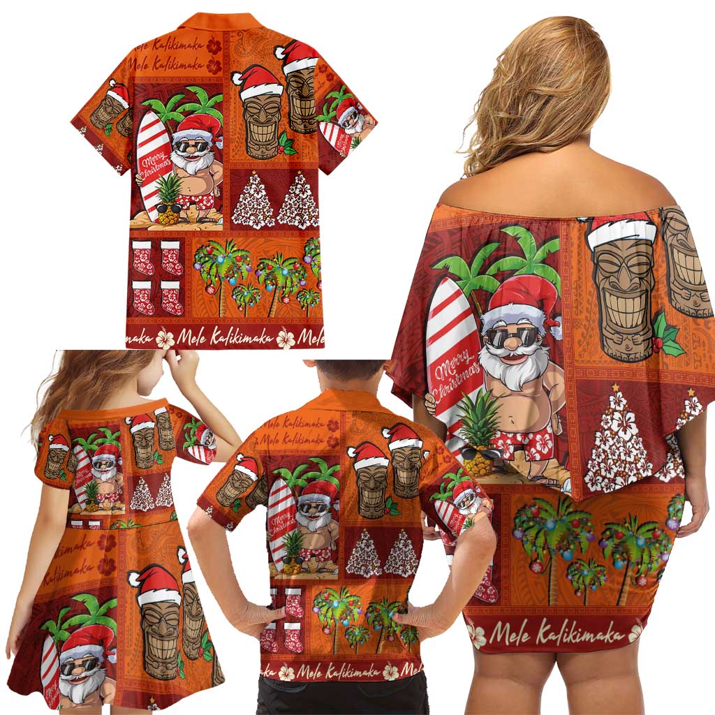 Hawaiian Christmas Family Matching Off Shoulder Short Dress and Hawaiian Shirt - Mele Kalikimaka Island Holiday Vibes - Red Orange LT03 - Polynesian Pride