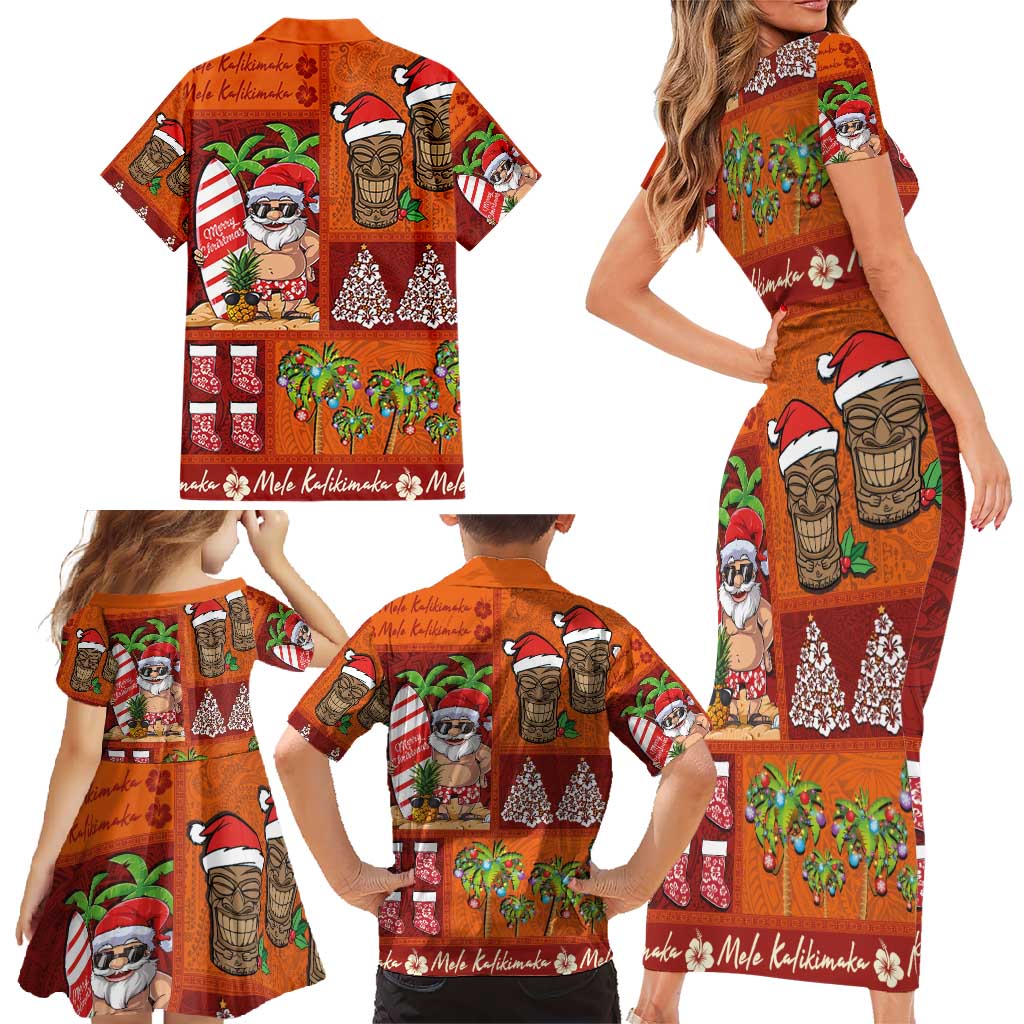 Hawaiian Christmas Family Matching Short Sleeve Bodycon Dress and Hawaiian Shirt - Mele Kalikimaka Island Holiday Vibes - Red Orange LT03 - Polynesian Pride