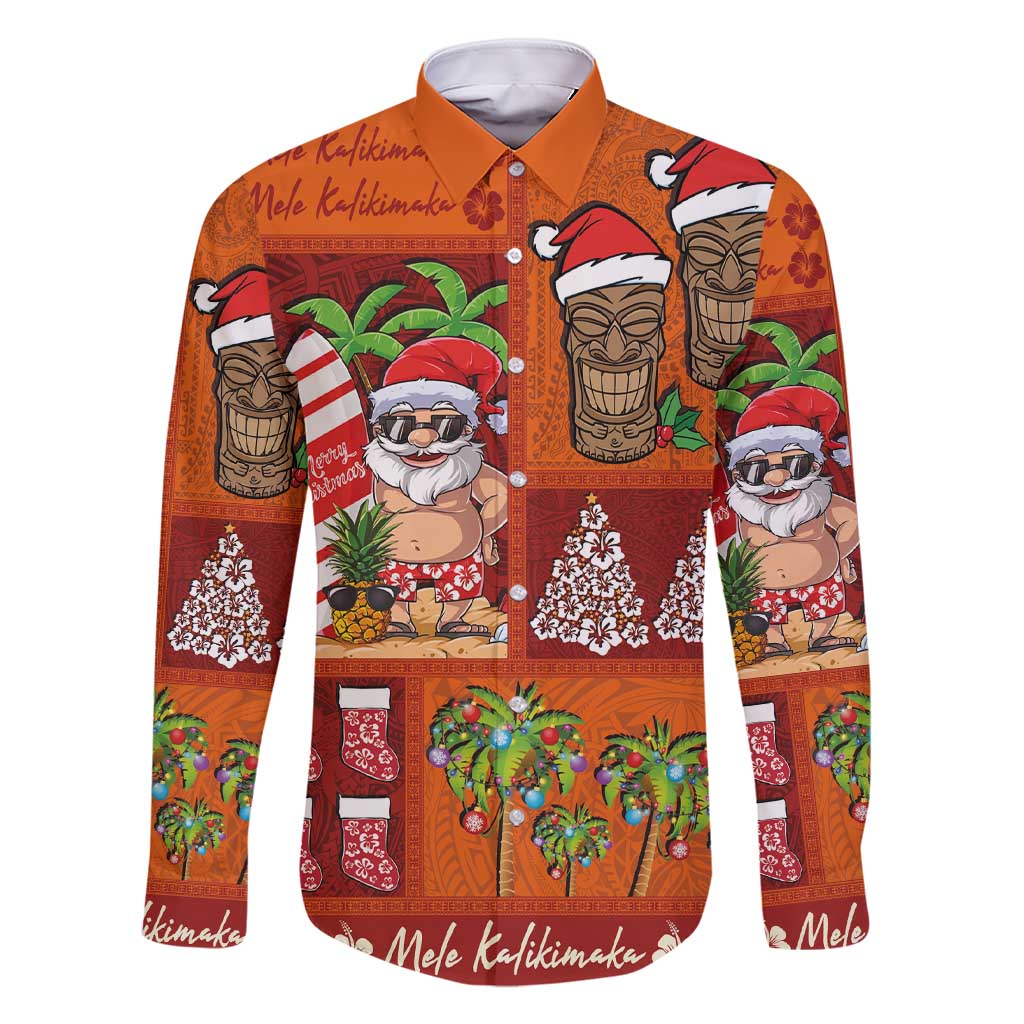 Hawaiian Christmas Family Matching Short Sleeve Bodycon Dress and Hawaiian Shirt - Mele Kalikimaka Island Holiday Vibes - Red Orange LT03 Dad's Shirt - Long Sleeve Red - Orange - Polynesian Pride
