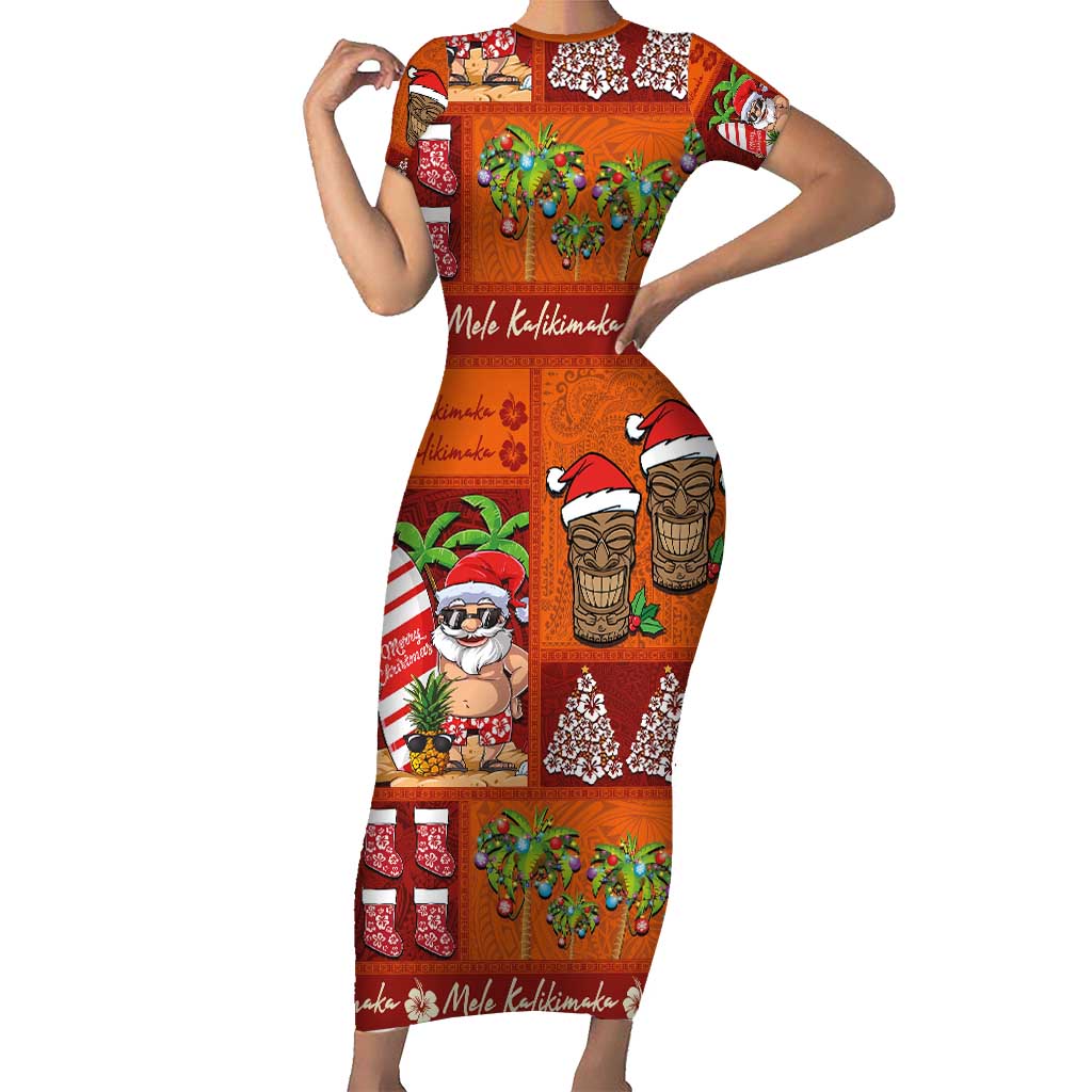 Hawaiian Christmas Family Matching Short Sleeve Bodycon Dress and Hawaiian Shirt - Mele Kalikimaka Island Holiday Vibes - Red Orange LT03 Mom's Dress Red - Orange - Polynesian Pride