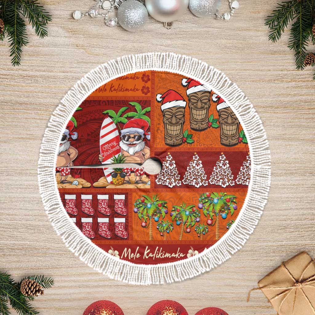Hawaiian Christmas Tree Skirt - Mele Kalikimaka Island Holiday Vibes - Red Orange LT03 Fringed Red - Orange - Polynesian Pride