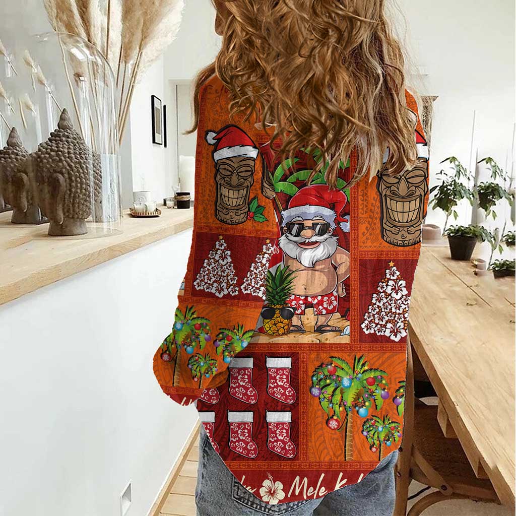 Hawaiian Christmas Women Casual Shirt - Mele Kalikimaka Island Holiday Vibes - Red Orange LT03 - Polynesian Pride