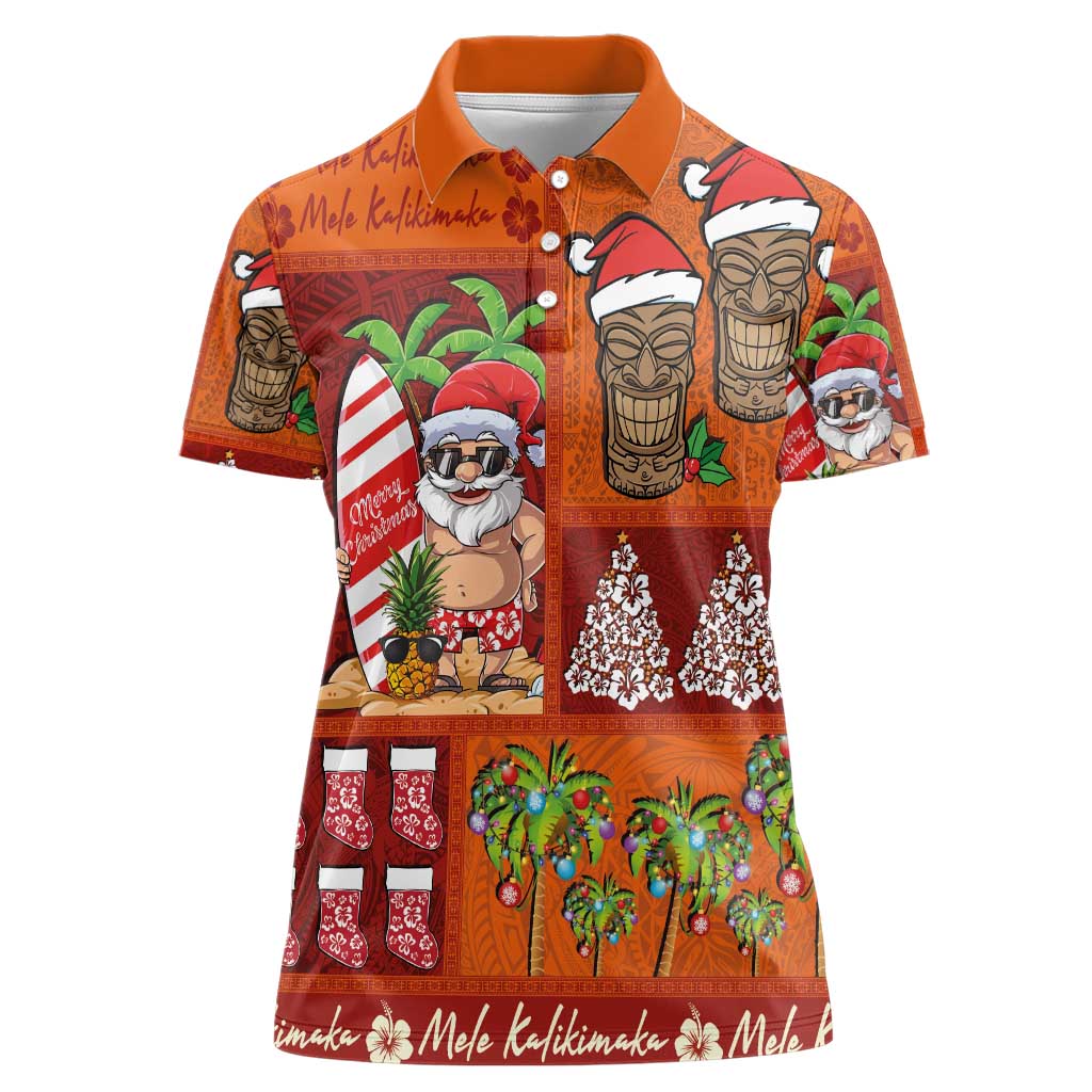 Hawaiian Christmas Women Polo Shirt - Mele Kalikimaka Island Holiday Vibes - Red Orange LT03 Female Red - Orange - Polynesian Pride