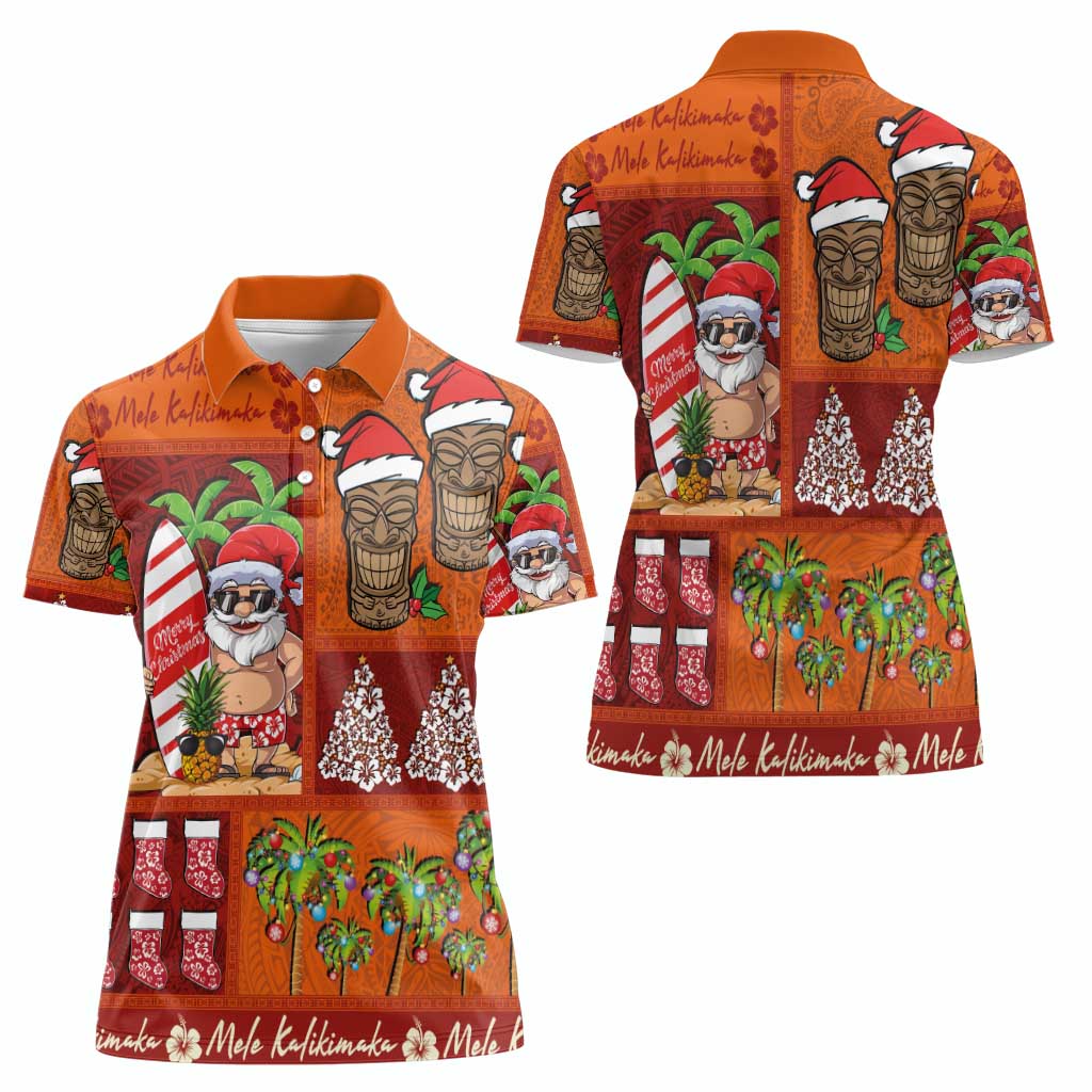 Hawaiian Christmas Women Polo Shirt - Mele Kalikimaka Island Holiday Vibes - Red Orange LT03 - Polynesian Pride