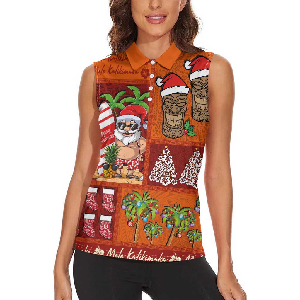 Hawaiian Christmas Women Sleeveless Polo Shirt - Mele Kalikimaka Island Holiday Vibes - Red Orange LT03 - Polynesian Pride