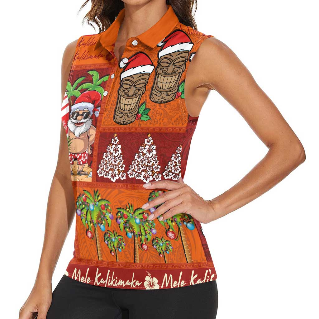 Hawaiian Christmas Women Sleeveless Polo Shirt - Mele Kalikimaka Island Holiday Vibes - Red Orange LT03 - Polynesian Pride