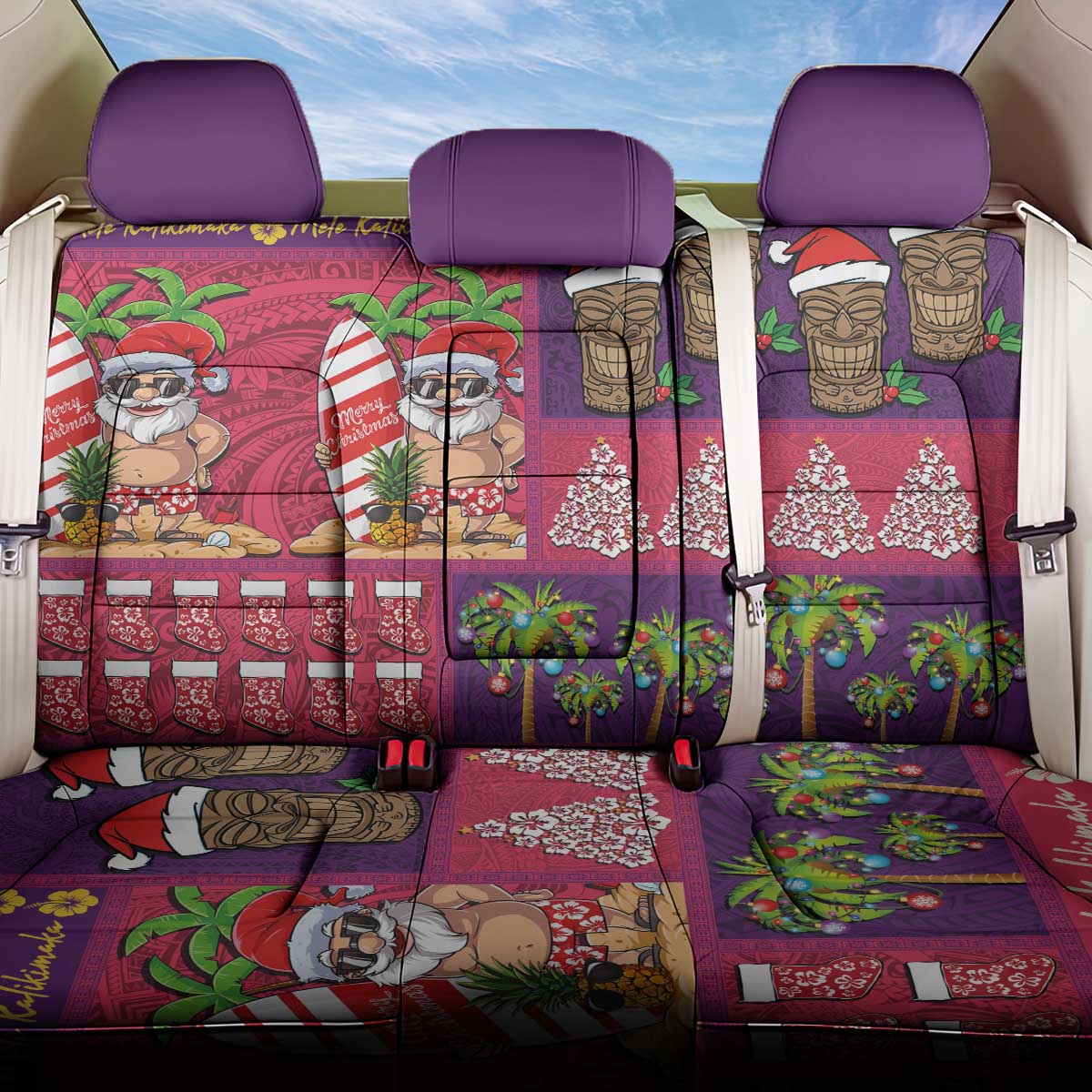 Hawaiian Christmas Back Car Seat Cover - Mele Kalikimaka Island Holiday Vibes - Pink Purple LT03 One Size Pink - Purple - Polynesian Pride