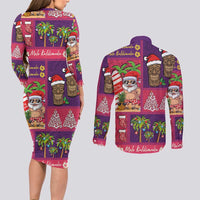 Hawaiian Christmas Couples Matching Long Sleeve Bodycon Dress and Long Sleeve Button Shirt - Mele Kalikimaka Island Holiday Vibes - Pink Purple LT03 - Polynesian Pride