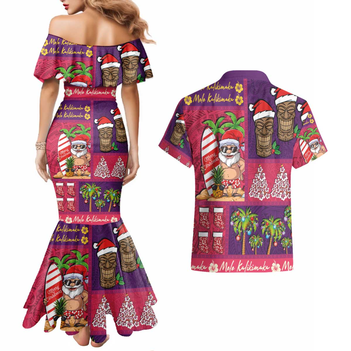 Hawaiian Christmas Couples Matching Mermaid Dress and Hawaiian Shirt - Mele Kalikimaka Island Holiday Vibes - Pink Purple LT03 - Polynesian Pride