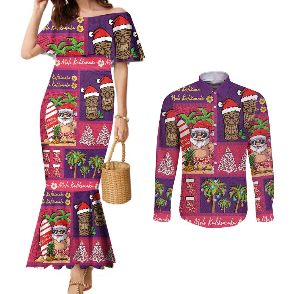 Hawaiian Christmas Couples Matching Mermaid Dress and Long Sleeve Button Shirt - Mele Kalikimaka Island Holiday Vibes - Pink Purple LT03 Pink - Purple - Polynesian Pride