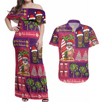 Hawaiian Christmas Couples Matching Off Shoulder Maxi Dress and Hawaiian Shirt - Mele Kalikimaka Island Holiday Vibes - Pink Purple LT03 Pink - Purple - Polynesian Pride