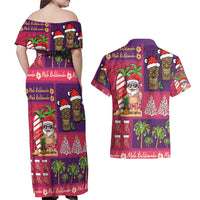 Hawaiian Christmas Couples Matching Off Shoulder Maxi Dress and Hawaiian Shirt - Mele Kalikimaka Island Holiday Vibes - Pink Purple LT03 - Polynesian Pride