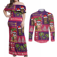 Hawaiian Christmas Couples Matching Off Shoulder Maxi Dress and Long Sleeve Button Shirt - Mele Kalikimaka Island Holiday Vibes - Pink Purple LT03 Pink - Purple - Polynesian Pride