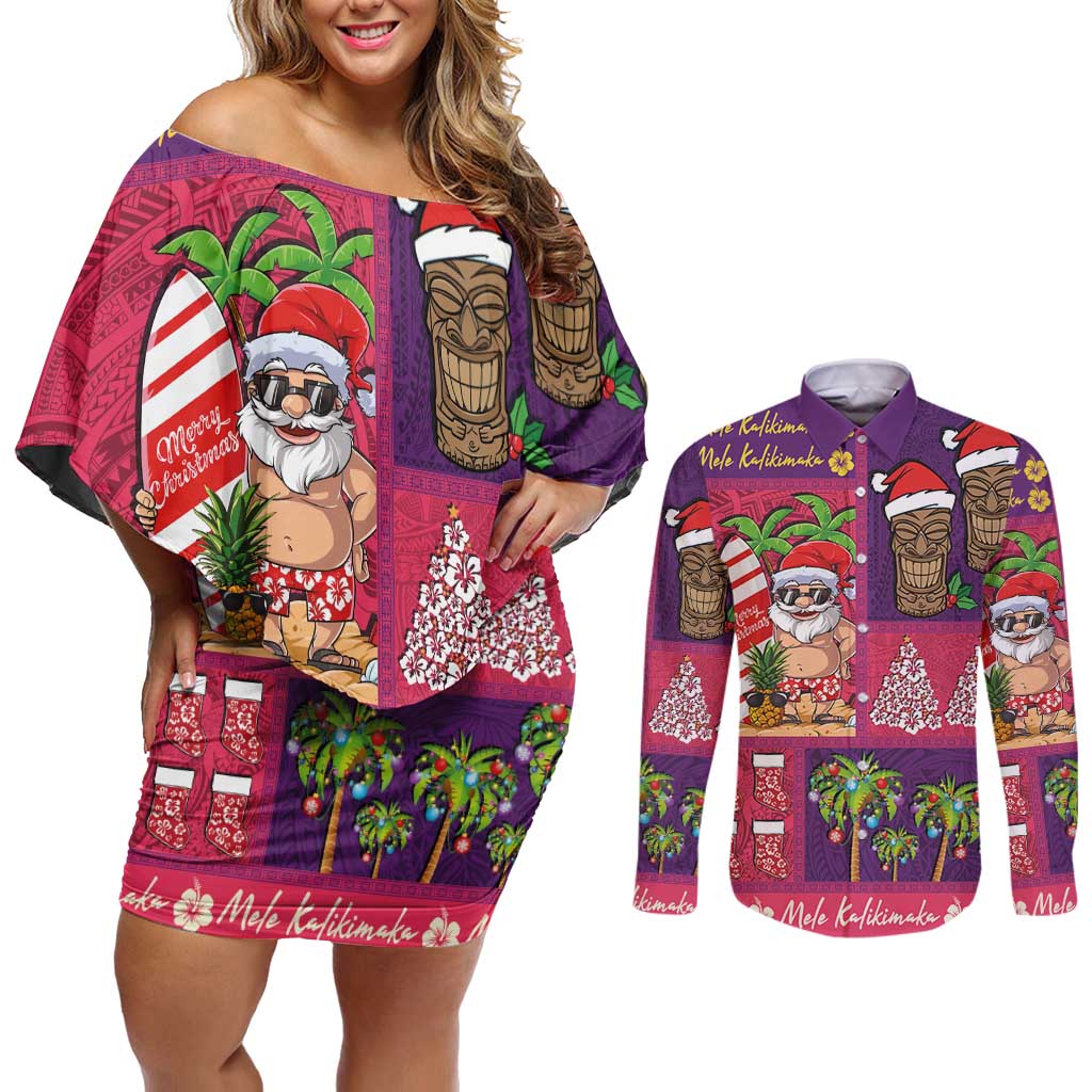 Hawaiian Christmas Couples Matching Off Shoulder Short Dress and Long Sleeve Button Shirt - Mele Kalikimaka Island Holiday Vibes - Pink Purple LT03 Pink - Purple - Polynesian Pride